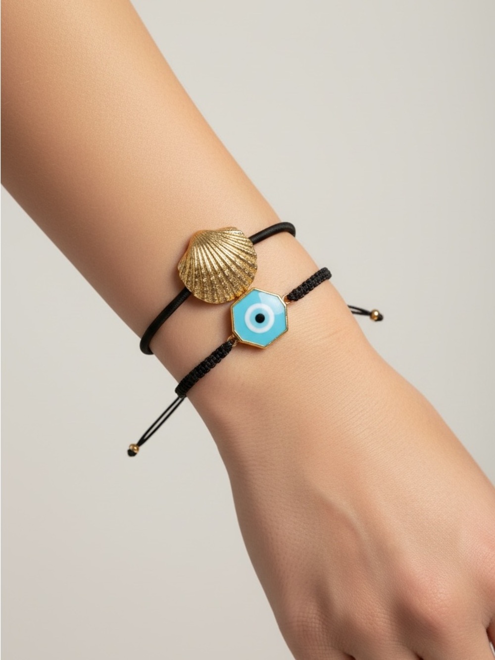 9/5 Gold Shell & Blue Evil Eye Adjustable Bracelet Set